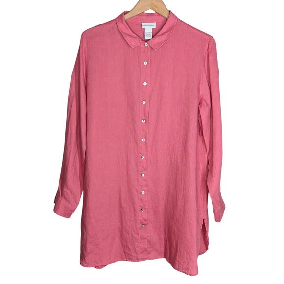 Soft Surroundings 100% Linen Long Tunic Button Shirt Sz L Coral Pink Long Sleeve - Picture 1 of 5